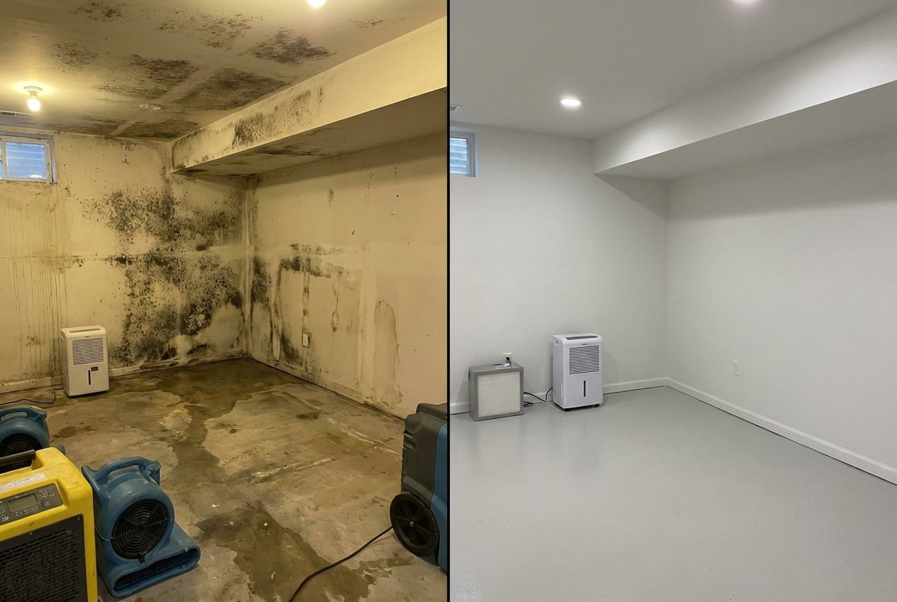Mold Inspection & Moisture Assessment before and after in residential basement, Bergenfield NJ