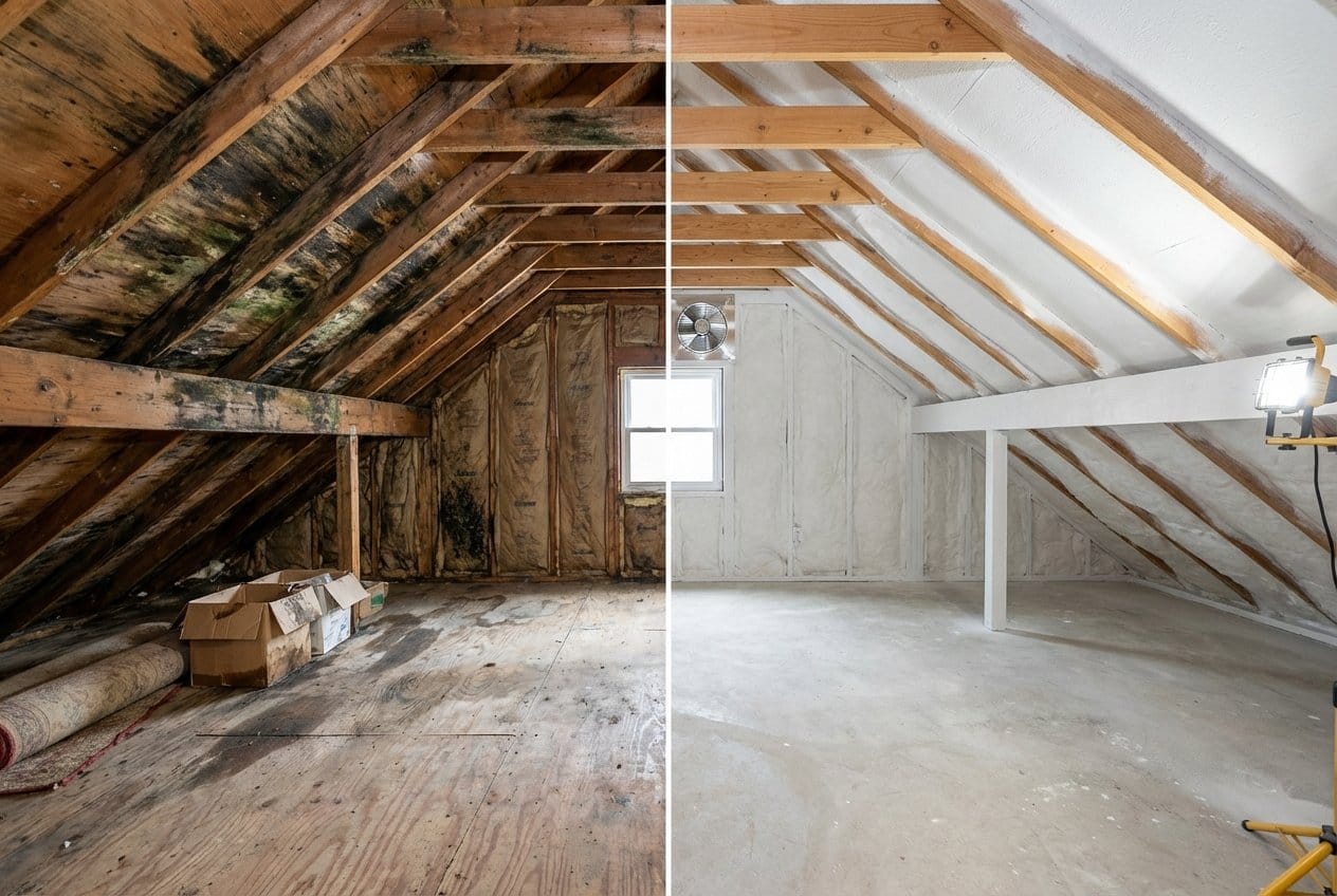 Before and after mold removal & remediation in Bergenfield commercial property attic space
