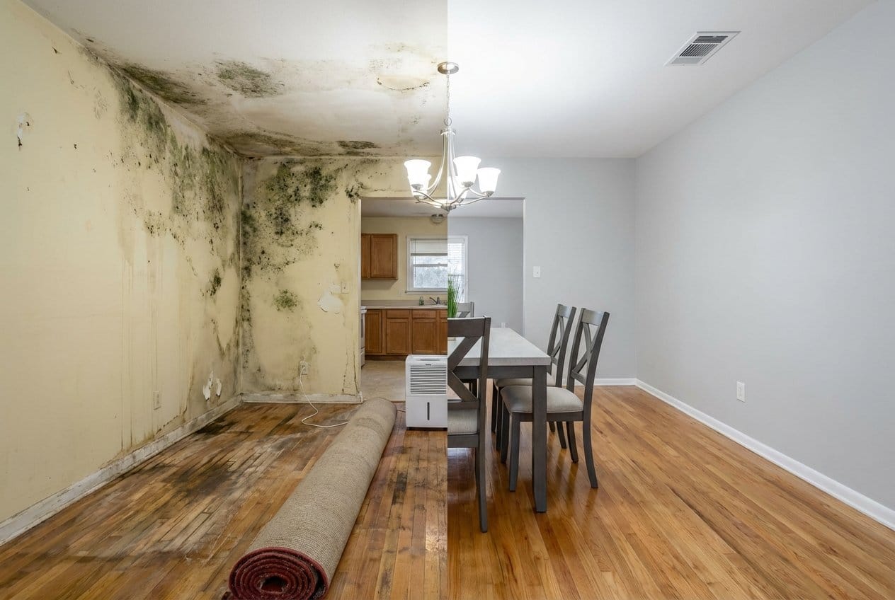 Before and after black mold removal in Bergenfield bungalow dining room
