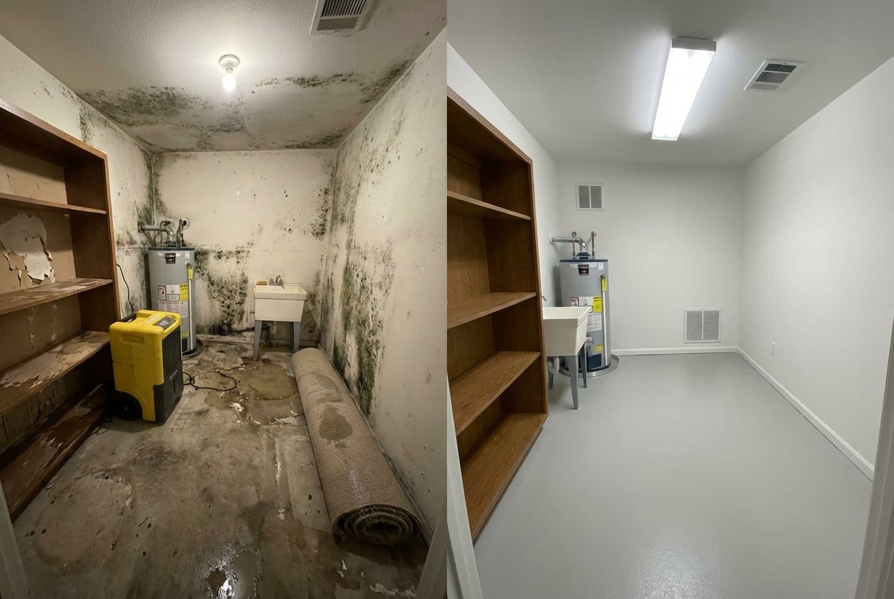 Attic & Crawl Space Mold Removal restoration — utility room of split-level home in Bergenfield, NJ