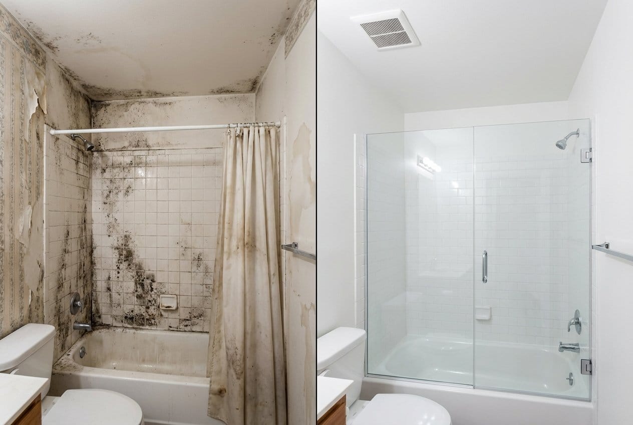 Before and after basement & foundation mold removal in Bergenfield private residence bathroom