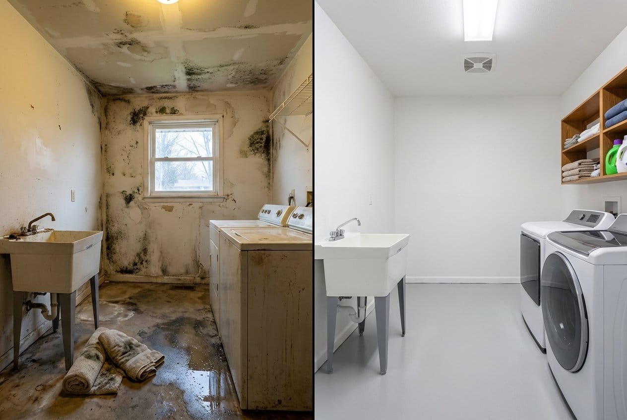 Odor Removal & Disinfection restoration β laundry room of Cape Cod house in Bergenfield, NJ