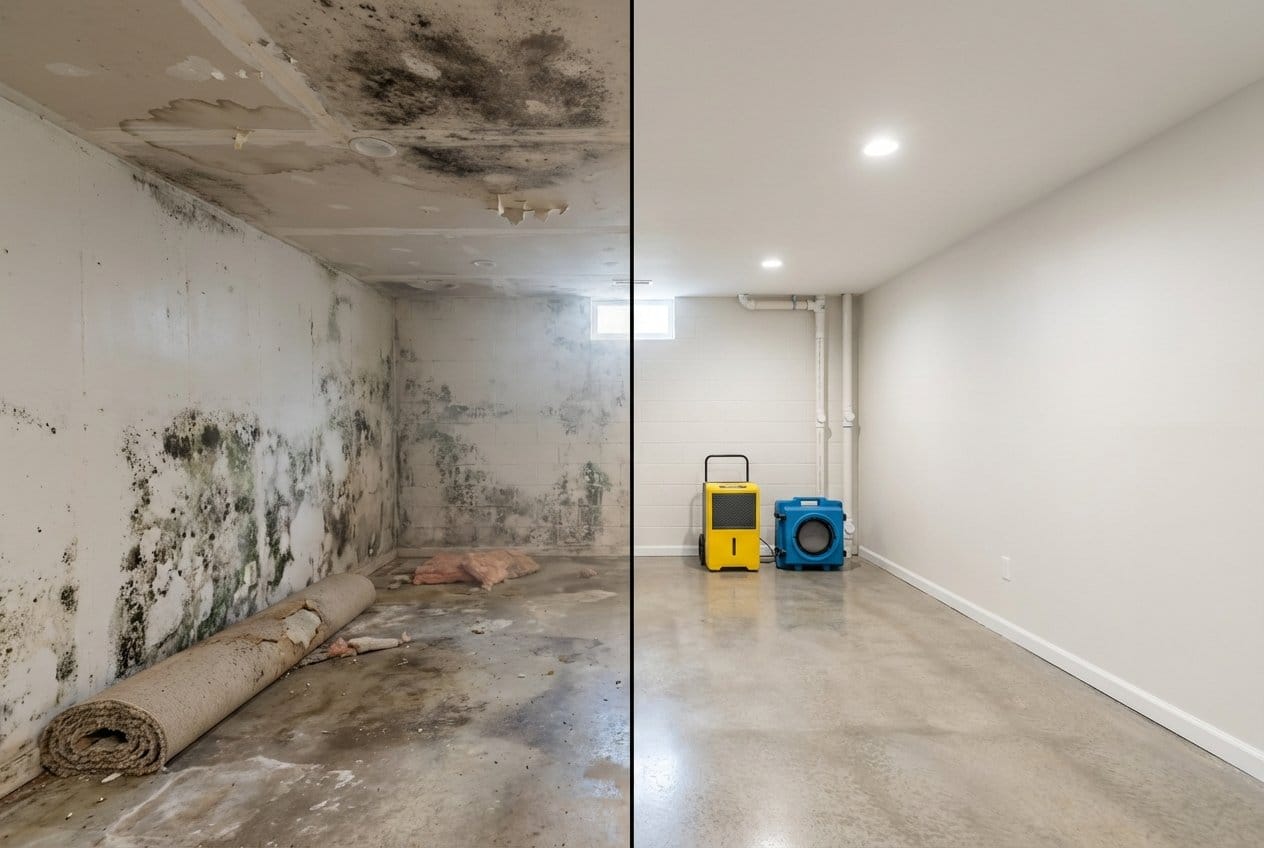 Humidity & Moisture Control Solution before and after in finished basement, Bergenfield NJ