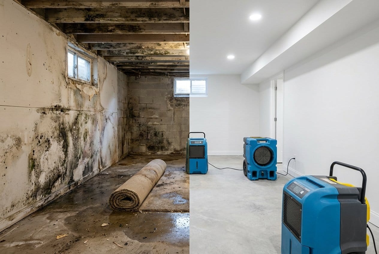 Bergenfield Mold Removal residential basement restoration before and after in Bergenfield