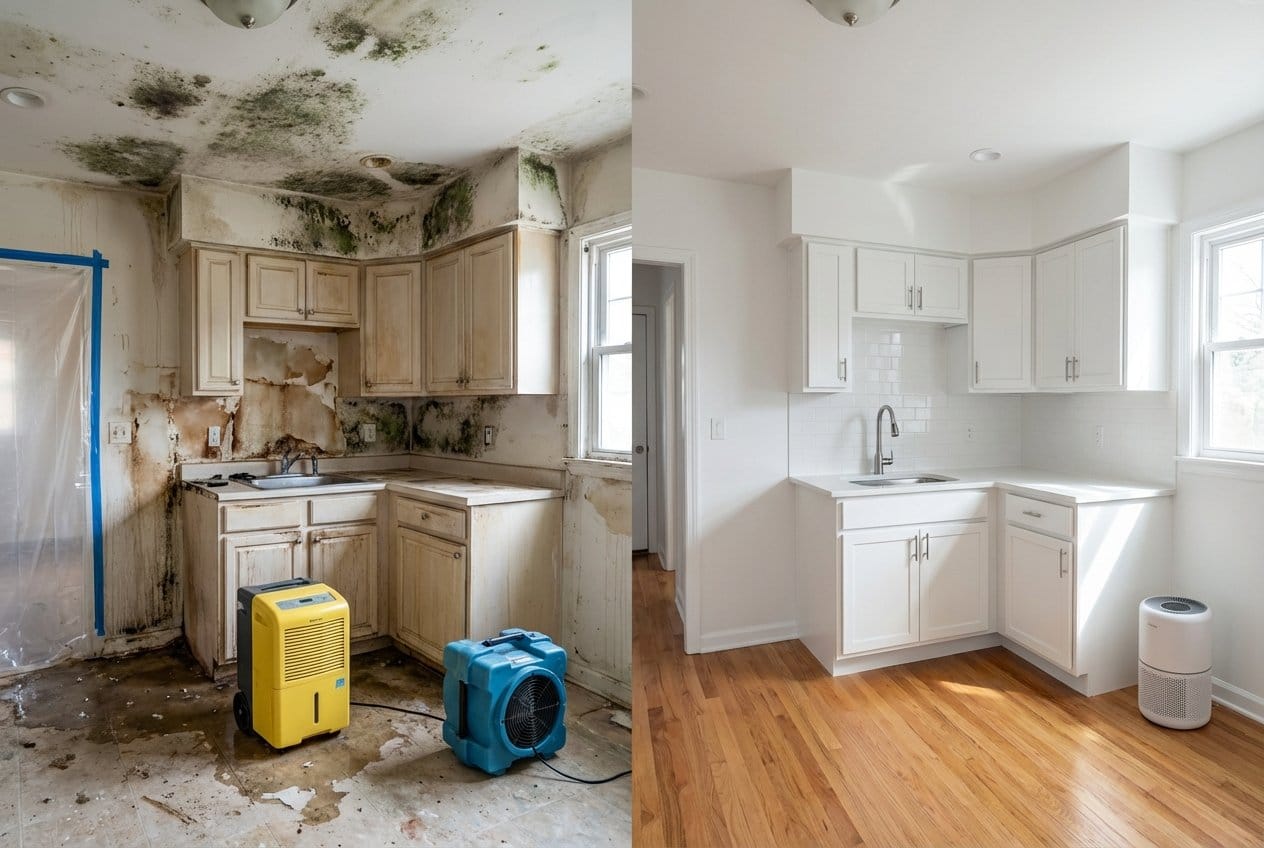 Bergenfield Mold Removal home kitchen restoration before and after in Bergenfield