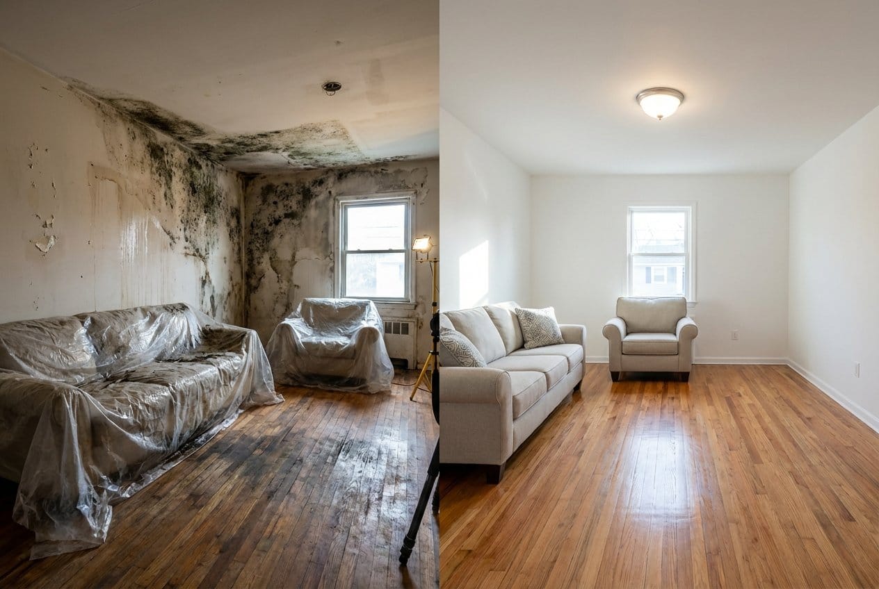 Bergenfield Mold Removal living room restoration before and after in Bergenfield